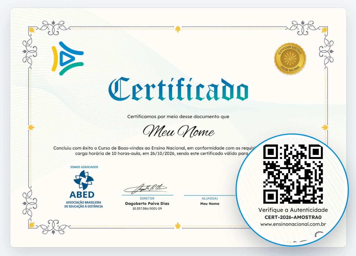 Certificado da Ensino Nacional inteiro, com o QR Code de verificação em destaque